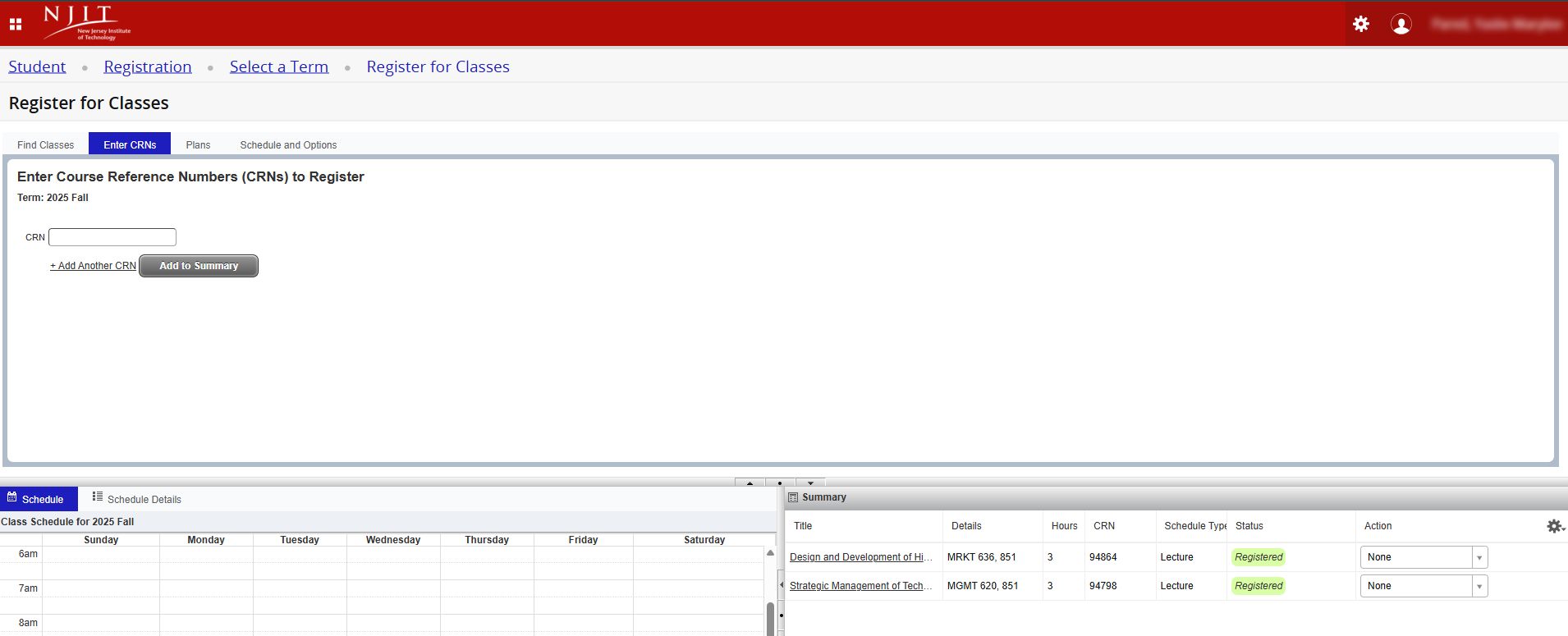 NJIT banner CRN search for course registration