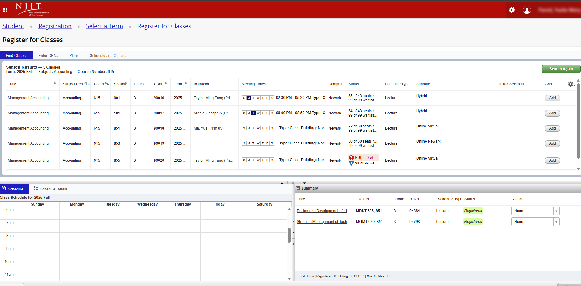 NJIT banner course search results