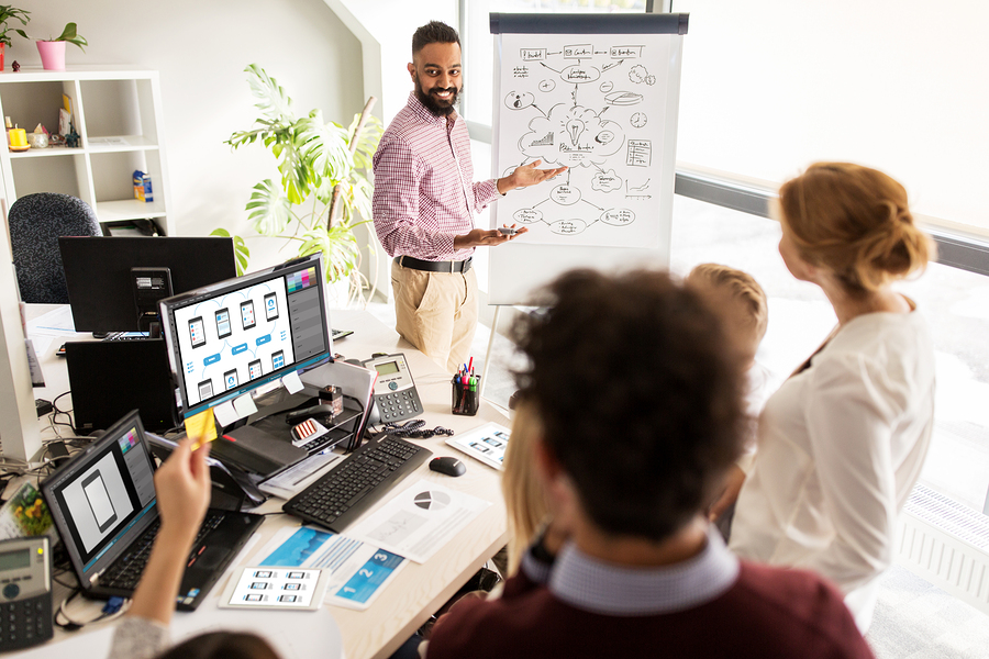 Female and Male professionals collaborating in front of computer monitors and a white board stand to come up with creative ideas