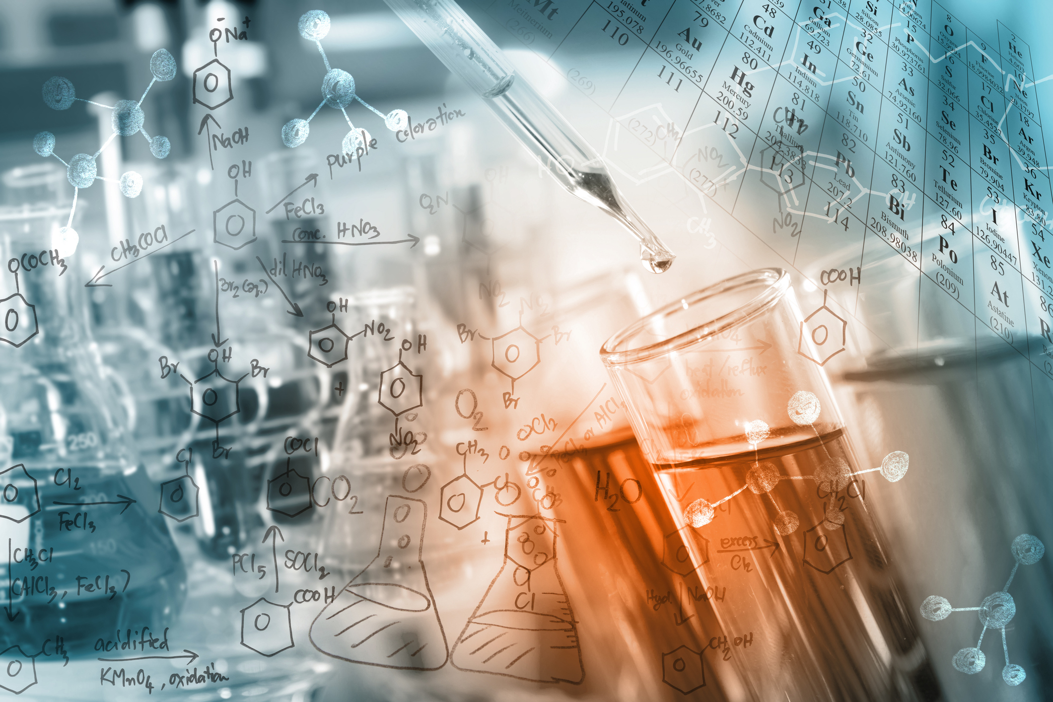 Test tubes and beakers with chemistry equations