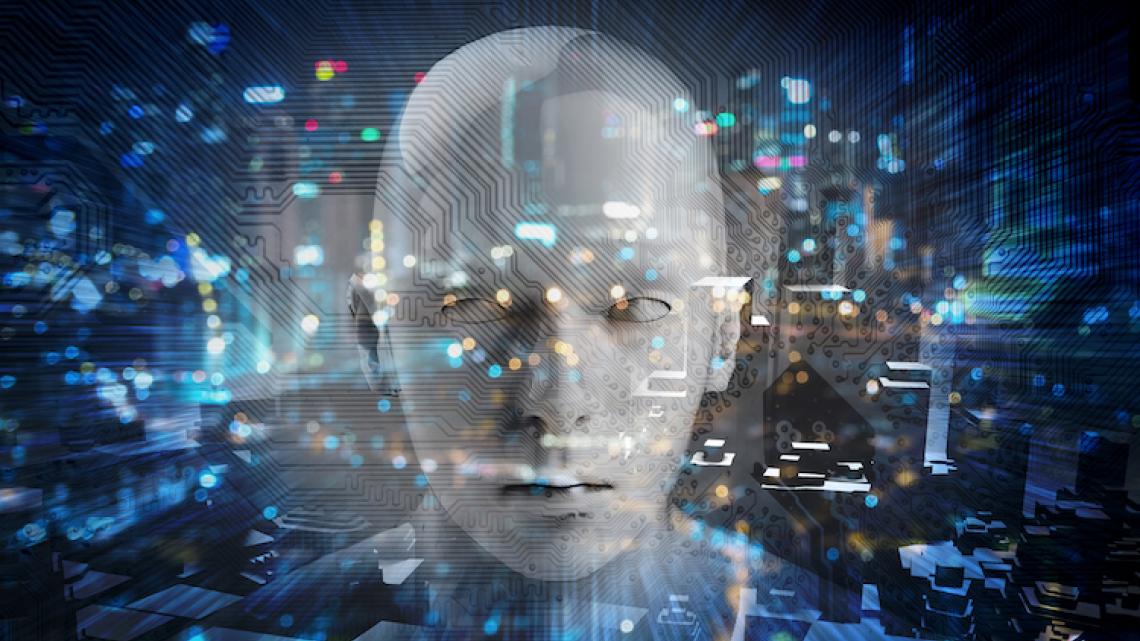AI generated image of a silhouette surrounded by data and technology